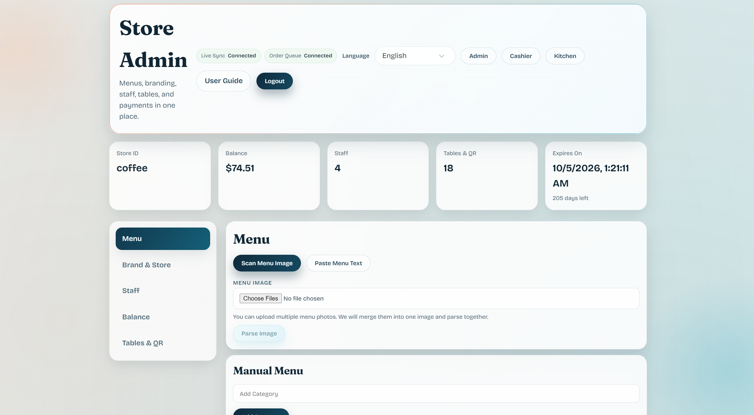Store Admin Menu